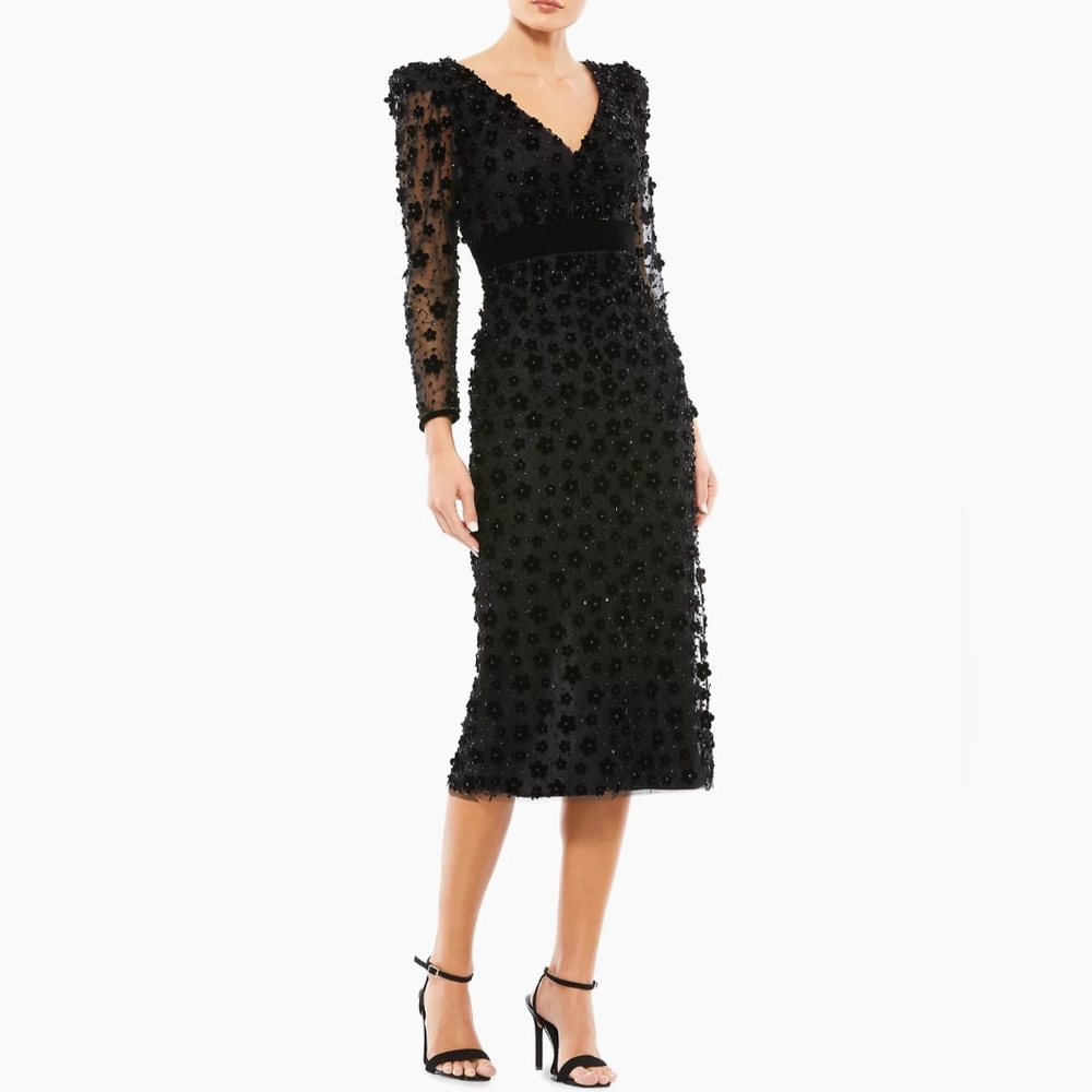 Mac Duggal Black Embellished V Neck Illusion Long Sleeve Column Midi Dress NWT